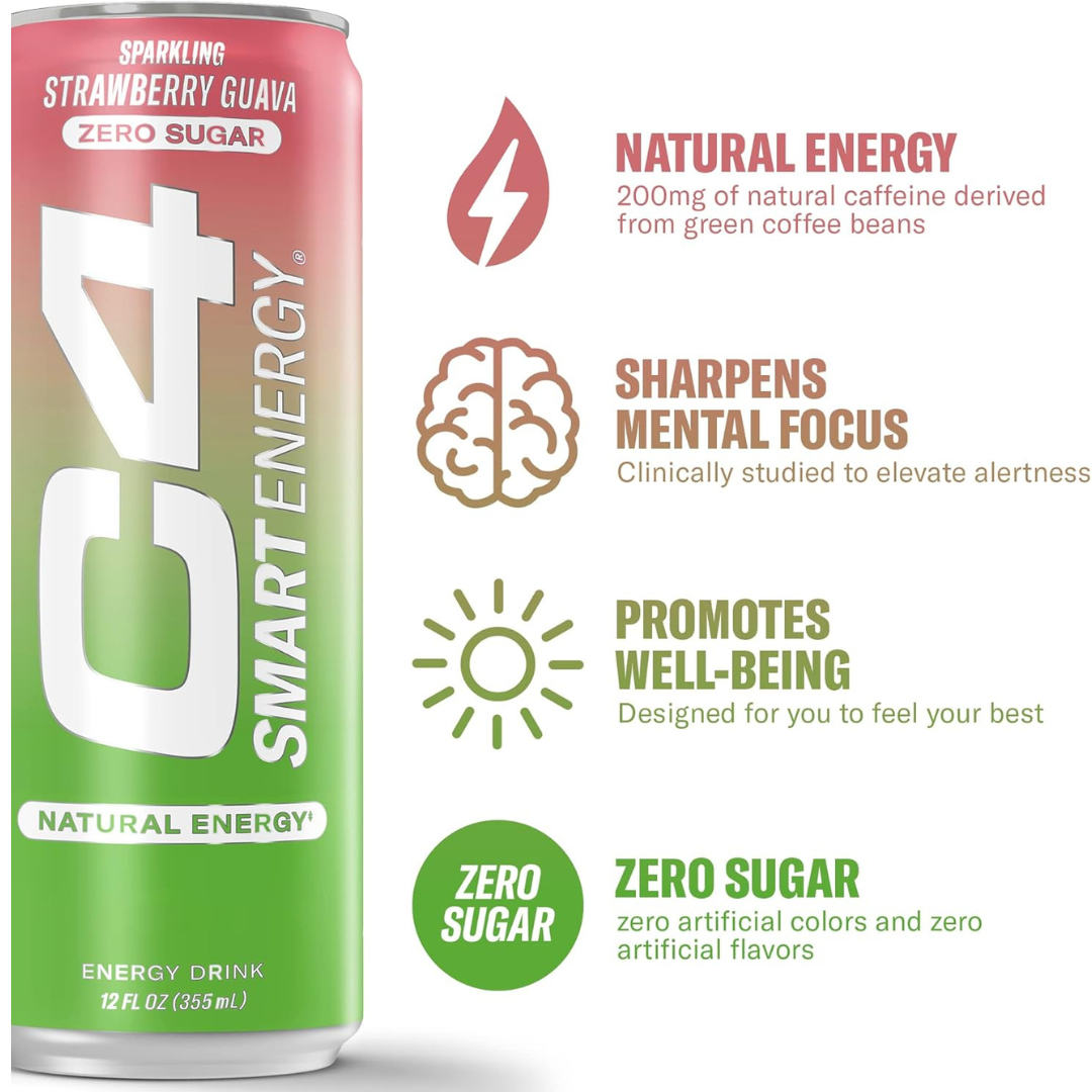 C4 Carbonated Drink Strawberry Guava Flavor - Pack of 12 (355 ml)