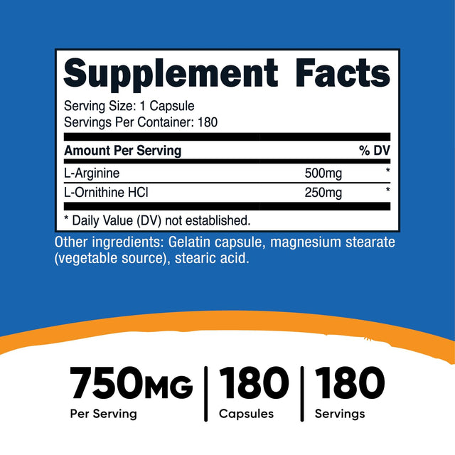 Nutricost L-Arginine L-Ornithine Capsules (750 MG) (180 Capsules)