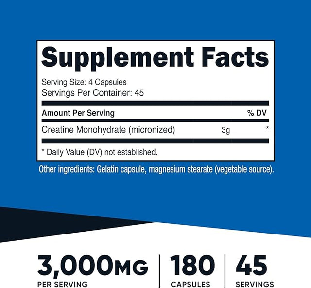 Nutricost Creatine Monohydrate Capsules (3000 MG) (180 Capsules)