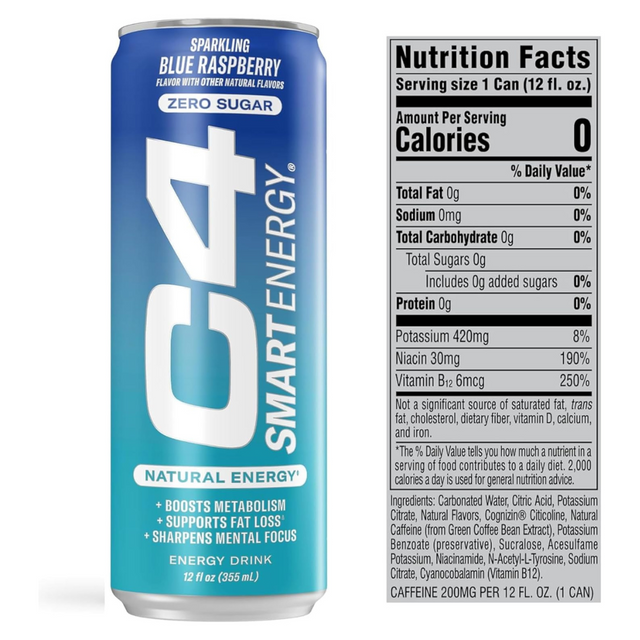 C4 Carbonated Drink Blue Raspberry - Pack of 12 (355 ml)