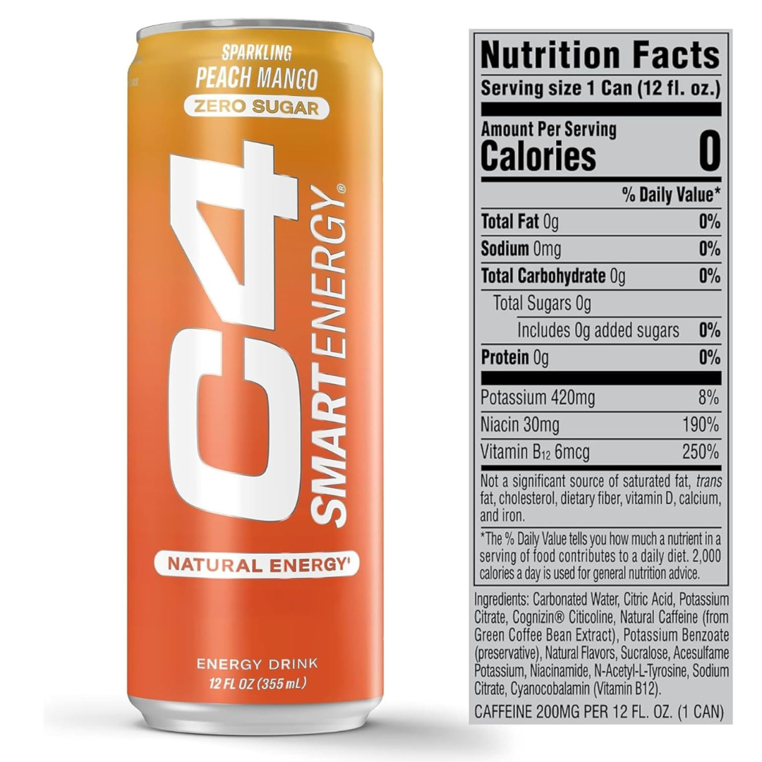 C4 Carbonated Drink Peach Mango Formula - Pack of 12 (355 ml)