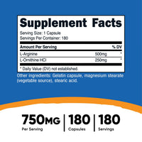 Nutricost L-Arginine L-Ornithine Capsules (750 MG) (180 Capsules)