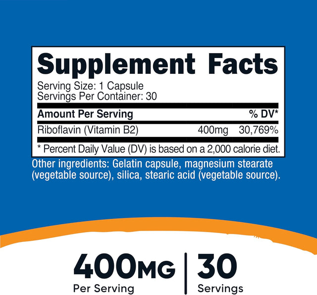 Nutricost Vitamin B2 (Riboflavin) Capsules (400 MG) (120 Capsules)