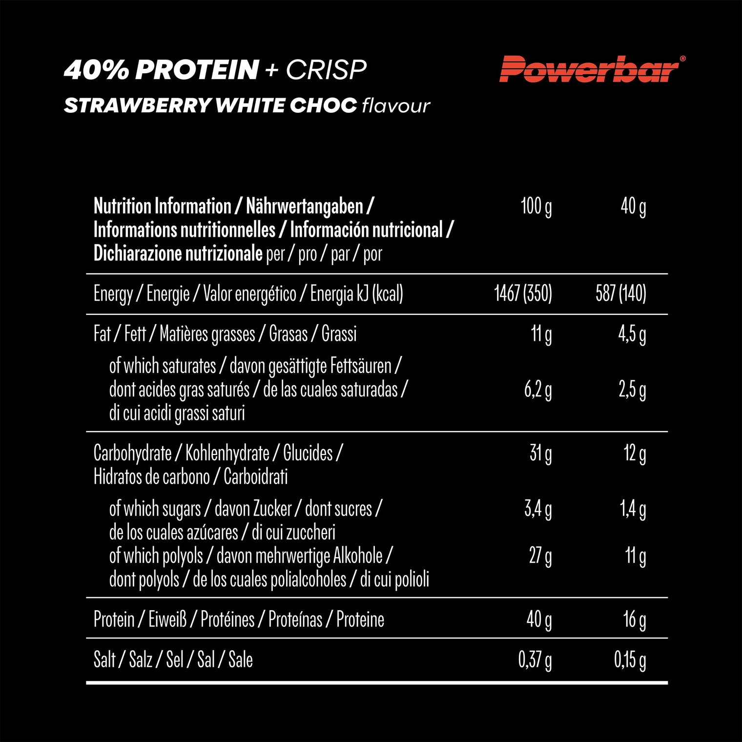 PowerBar PB 40% Protein +Crisp Strawberry White Chocolate Bar – 40g